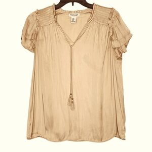 Rachel Zoe Blouse Womens M Tan Ruffle Pleated Tassel Boho Neutral Flowy Career